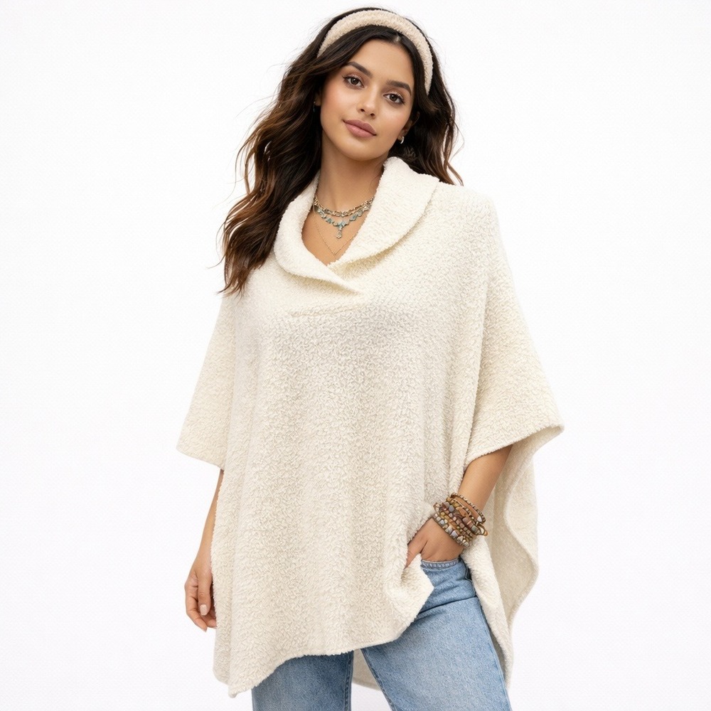 New Barefoot Dreams Women CozyChic Shawl Collar Poncho Pearl One Size